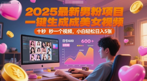2025最新男粉项目，一键生成美女视频，日引600+色粉 十秒一个视频，小白轻松日入5张【揭秘】-缘艺创业网