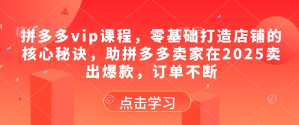 拼多多vip课程，零基础打造店铺的核心秘诀，助拼多多卖家在2025卖出爆款，订单不断-缘艺创业网