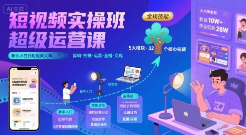 短视频实操班超级运营课，新手小白到短视频大神必修课程，剪辑-拍摄-运营-直播-变现-缘艺创业网