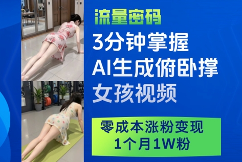 3分钟掌握AI生成俯卧撑女孩视频，零成本涨粉变现，1个月1W粉-缘艺创业网
