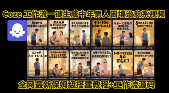 coze工作流一键生成”中年男人困境扎心高涨粉高播放量图文视频”保姆级拆解教程，无需剪辑，无需拍摄写文案-缘艺创业网
