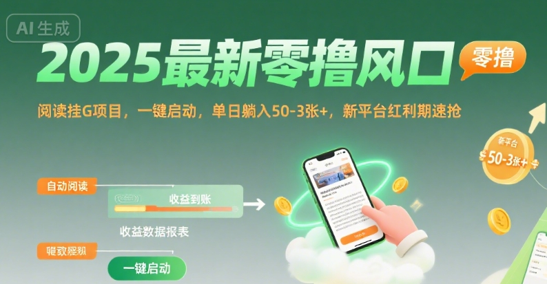 2025最新零撸风口，阅读挂G项目，一键启动，单日躺入 50-3张+，新平台红利期速抢【揭秘】-缘艺创业网