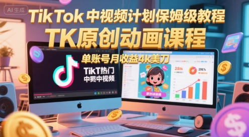 TikTok中视频计划保姆级教程，TK原创动画课程，单账号月收益4k美刀-缘艺创业网
