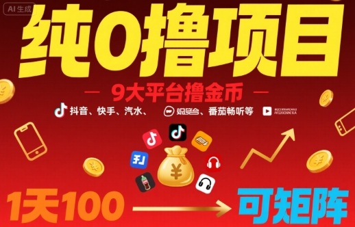 纯0撸项目，9大平台撸金币，抖音，快手，汽水，番茄畅听等，1天100，可矩阵-缘艺创业网