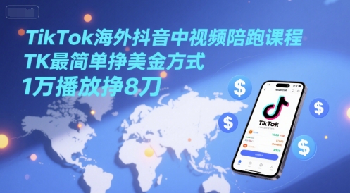 TikTok海外抖音中视频陪跑课程，TK最简单挣美金方式，1万播放挣8刀-缘艺创业网