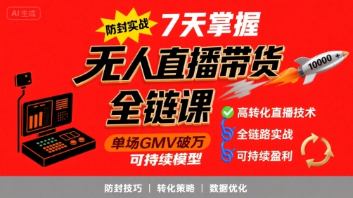 无人直播带货全链防封实战课，7天掌握高转化直播技术，实现单场GMV破万可持续模型-缘艺创业网