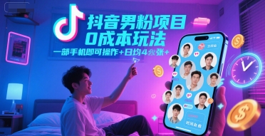 抖音男粉项目0成本玩法，一部手机即可操作，日均4张+，时间自由-缘艺创业网