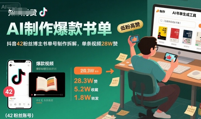 AI制作爆款书单，抖音42粉丝博主书单号制作拆解，单条视频28W赞-缘艺创业网
