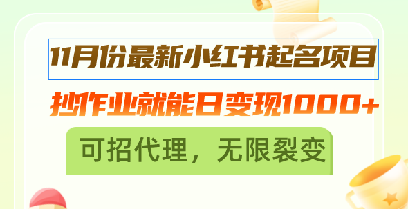 11月份最新小红书起名项目，抄作业就能日变现1000+，可招代理，无限裂变-缘艺创业网