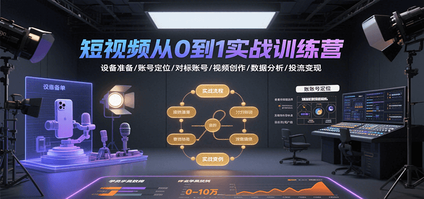 短视频从0到1实战训练营：设备准备/账号定位/对标账号/视频创作/数据分析/投流变现-缘艺创业网