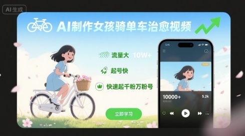 AI制作女孩骑单车治愈视频，流量大，起号快，快速起千粉万粉号-缘艺创业网