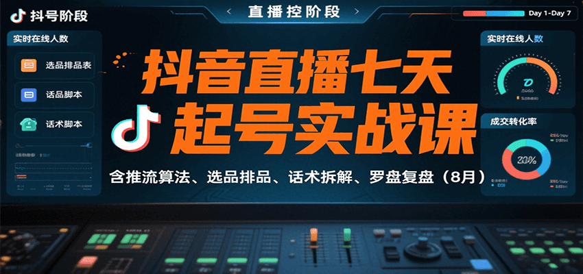 抖音直播七天起号实战课：含推流算法、选品排品、话术拆解、罗盘复盘(8月)-缘艺创业网