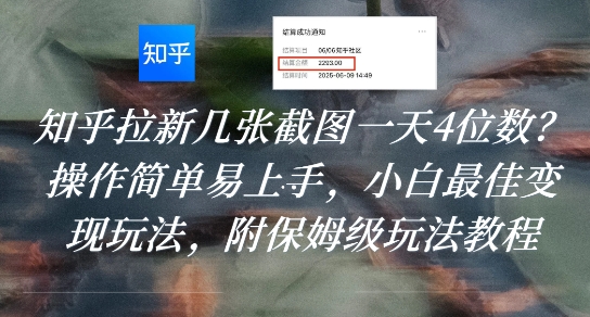 知乎拉新几张截图一天4位数？操作简单易上手，小白最佳变现玩法，附保姆级玩法教程-缘艺创业网