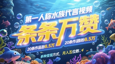 第一人称水族代言视频，条条万赞，20条作品涨粉7.8W，多种变现方式月入五位数-缘艺创业网